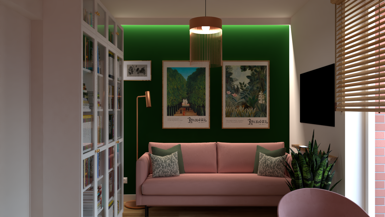 Zielony gabinet z różową kanapą, miedzianymi dodatkami, witryną na książki i roletami bambusowymi