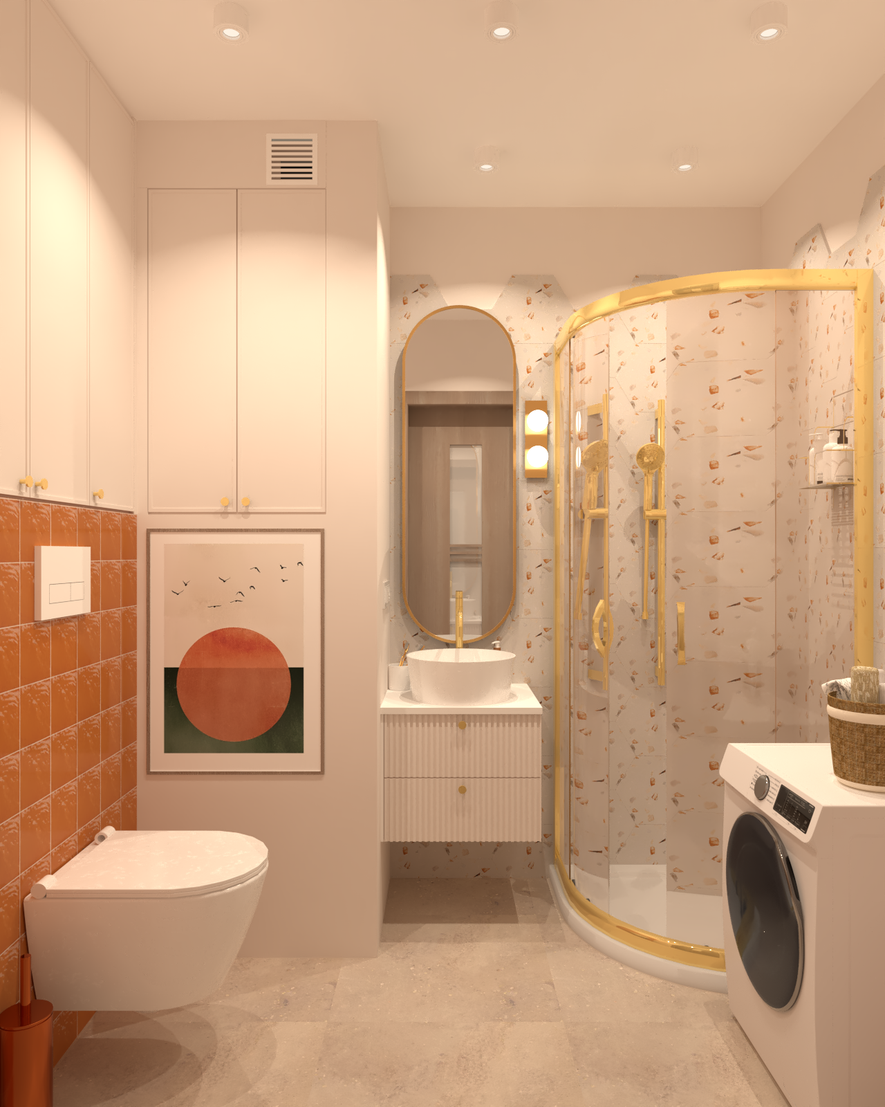 Pomarańczowo beżowa łazienka z elementami złota i heksagonalnymi płytkami.
