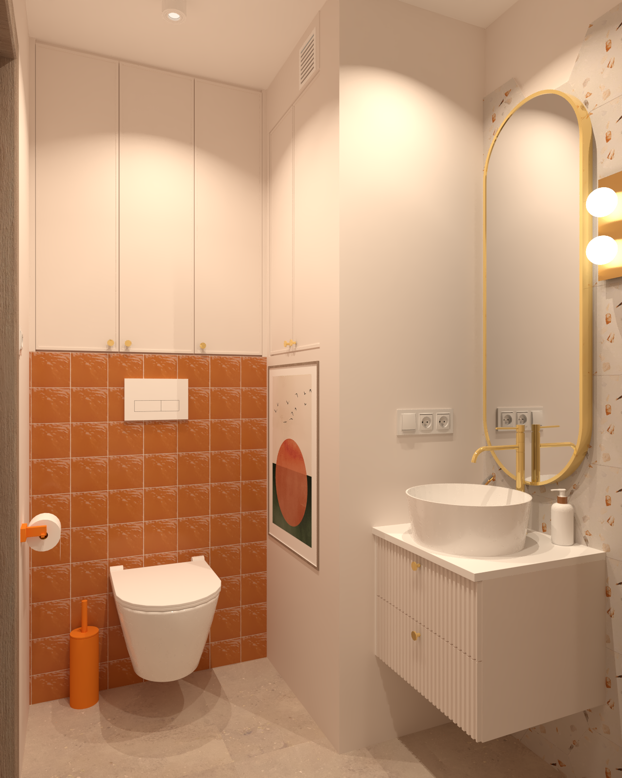 Pomarańczowo beżowa łazienka z elementami złota i heksagonalnymi płytkami.