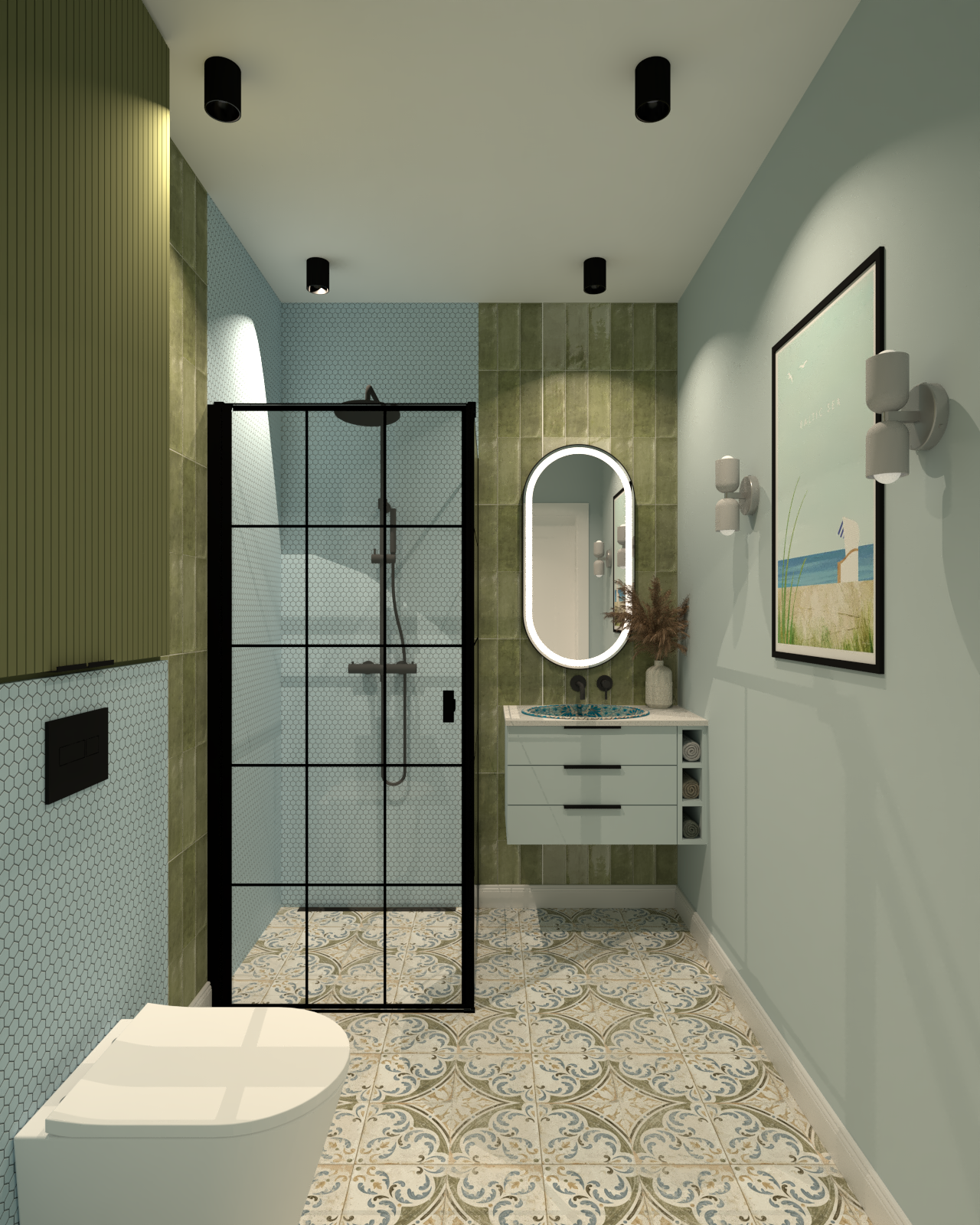 Błękitno zielona łazienka z czarnymi dodatkami, postarzanymi płytkami i błękitną mozaiką.