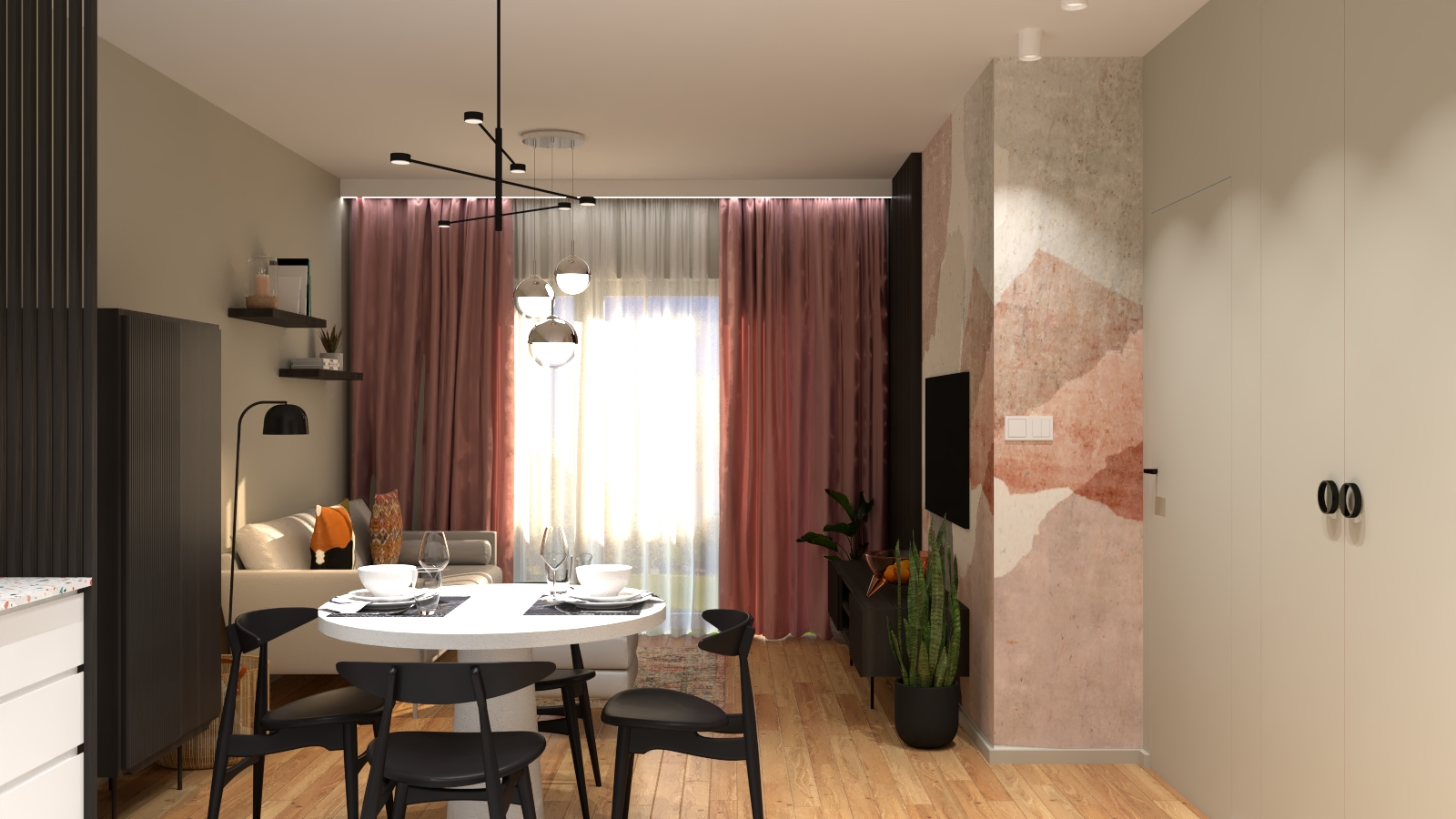 Nowoczesny Salon z kuchnią z różowymi zasłonami i tapetą w odcieniach różku