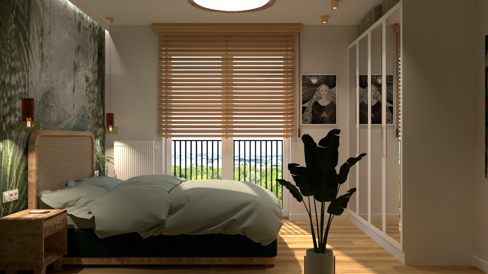 Zielona sypialnia z tapetą w kwiaty, łóżkiem Japandi i szafą za lustrami