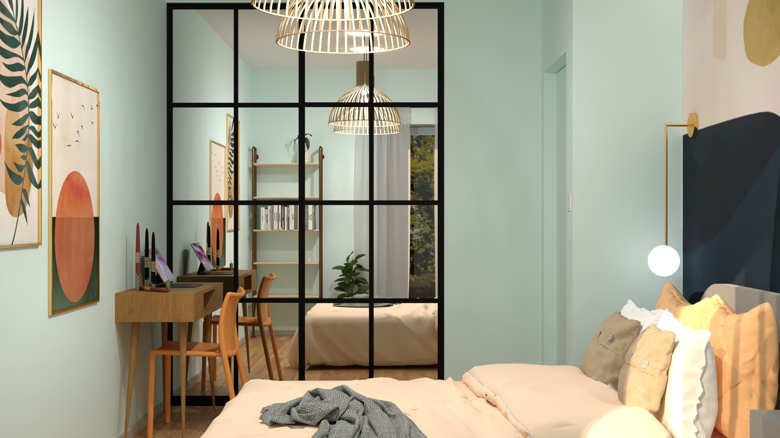Błękitna sypialnia z przesuwną szafą z lustrami i ozdobną tapetą.