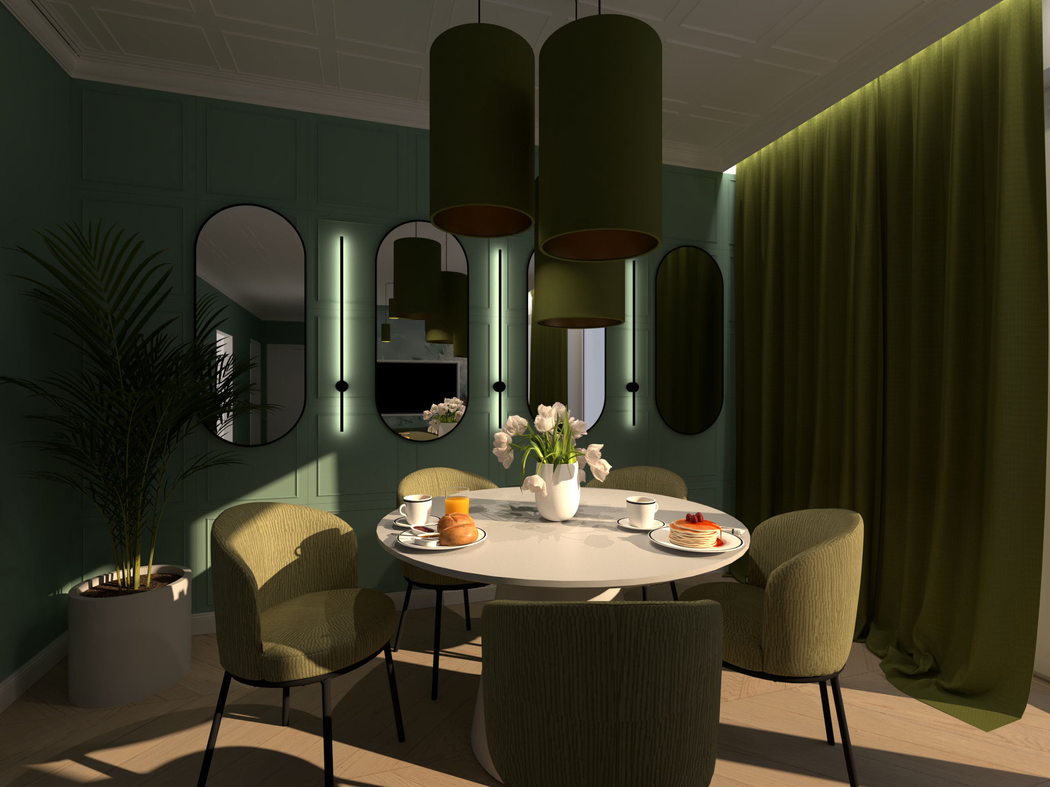 Zielona jadalnia z salonem z ozdobnymi owalnymi czarnymi lustrami na ścianie.