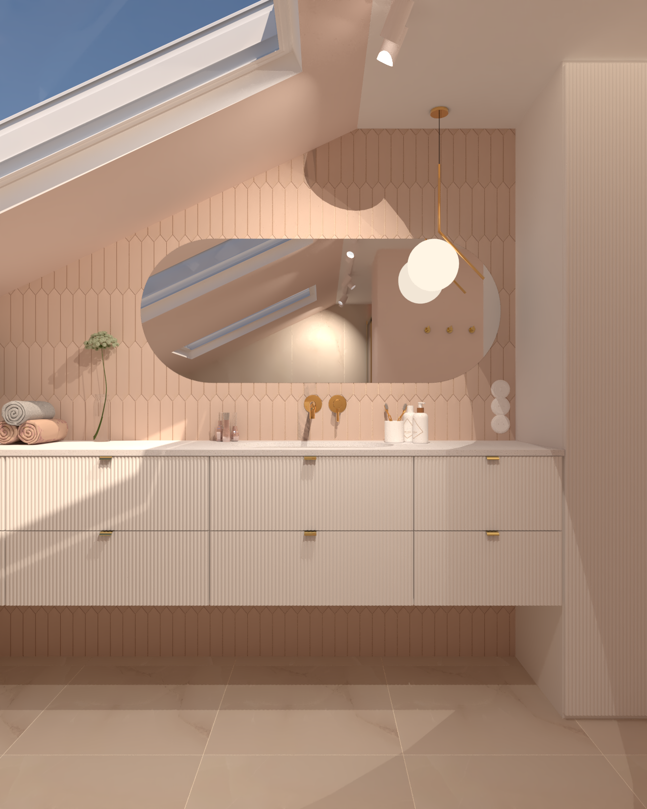 Różowa łazienka z płytkami kanciastymi, ryflowanymi białymi frontami i owalnym poziomym lustrem.
