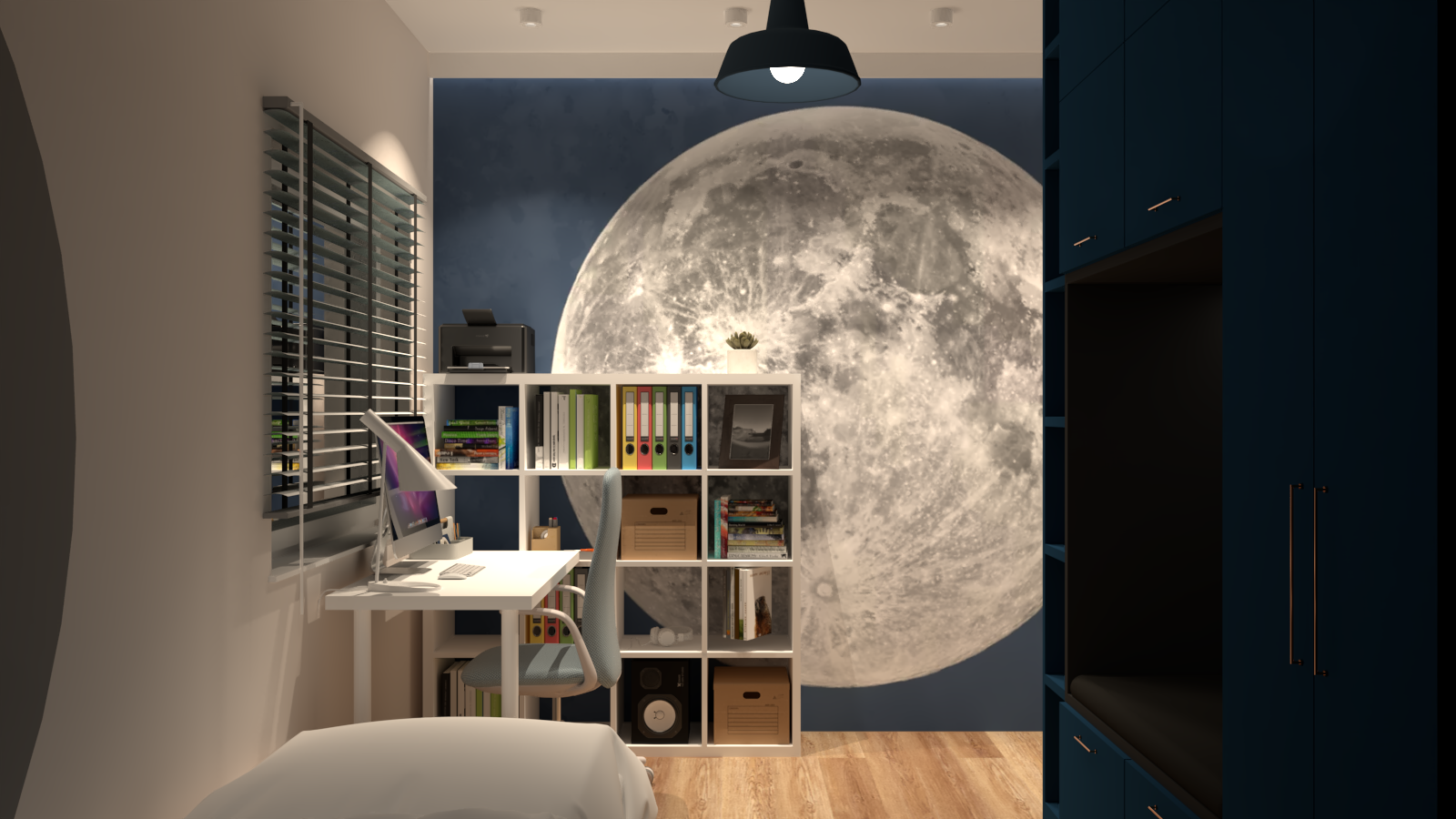 Granatowy pokój młodzieżowy z tapetą z Księżycem.