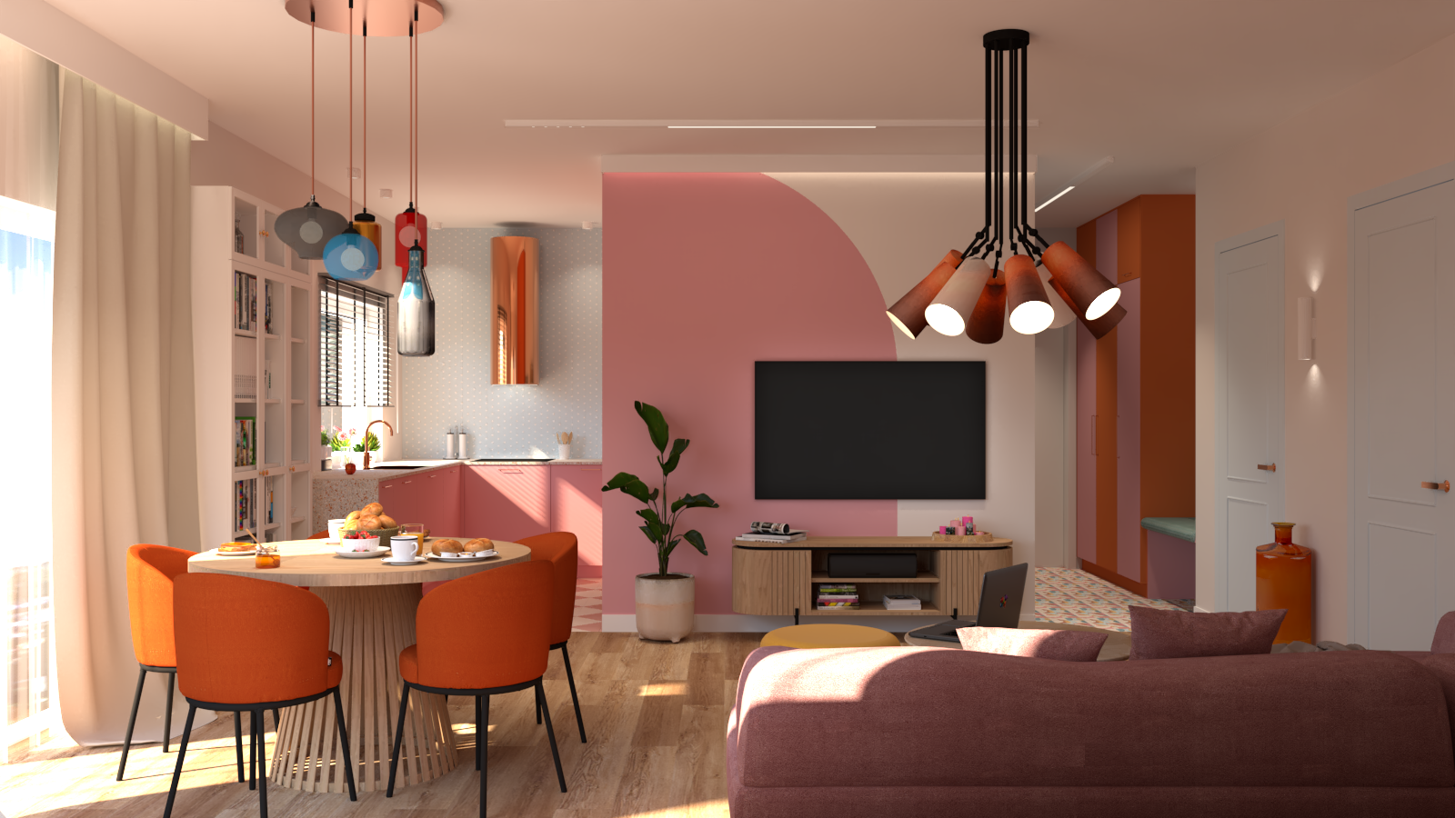 Kolorowy salon z różową kanapą, drewnianym okrągłym stołem i pomarańczowymi krzesłami.