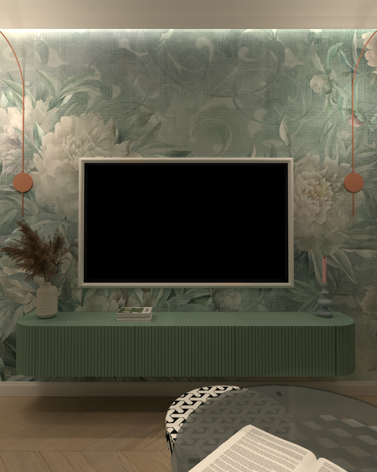 Ścianka TV z tapetą i telewizorem ukrytym w ścianie.