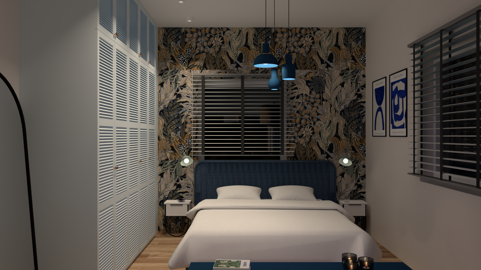 Sypialnia w odcieniach granatu i błękitu z ażurowymi frontami w szafie.